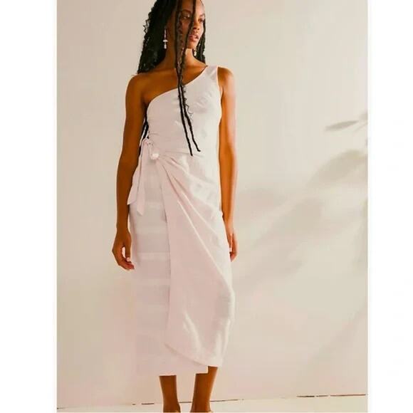Free People Dress Womens Medium Pink Linen One Shoulder Midi Beach At Leisure - Picture 1 of 16